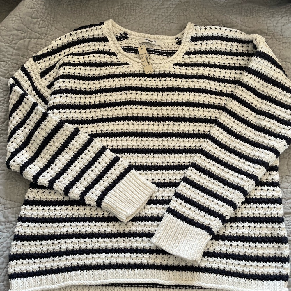 Madewell White and Blue Crew Neck Sweater